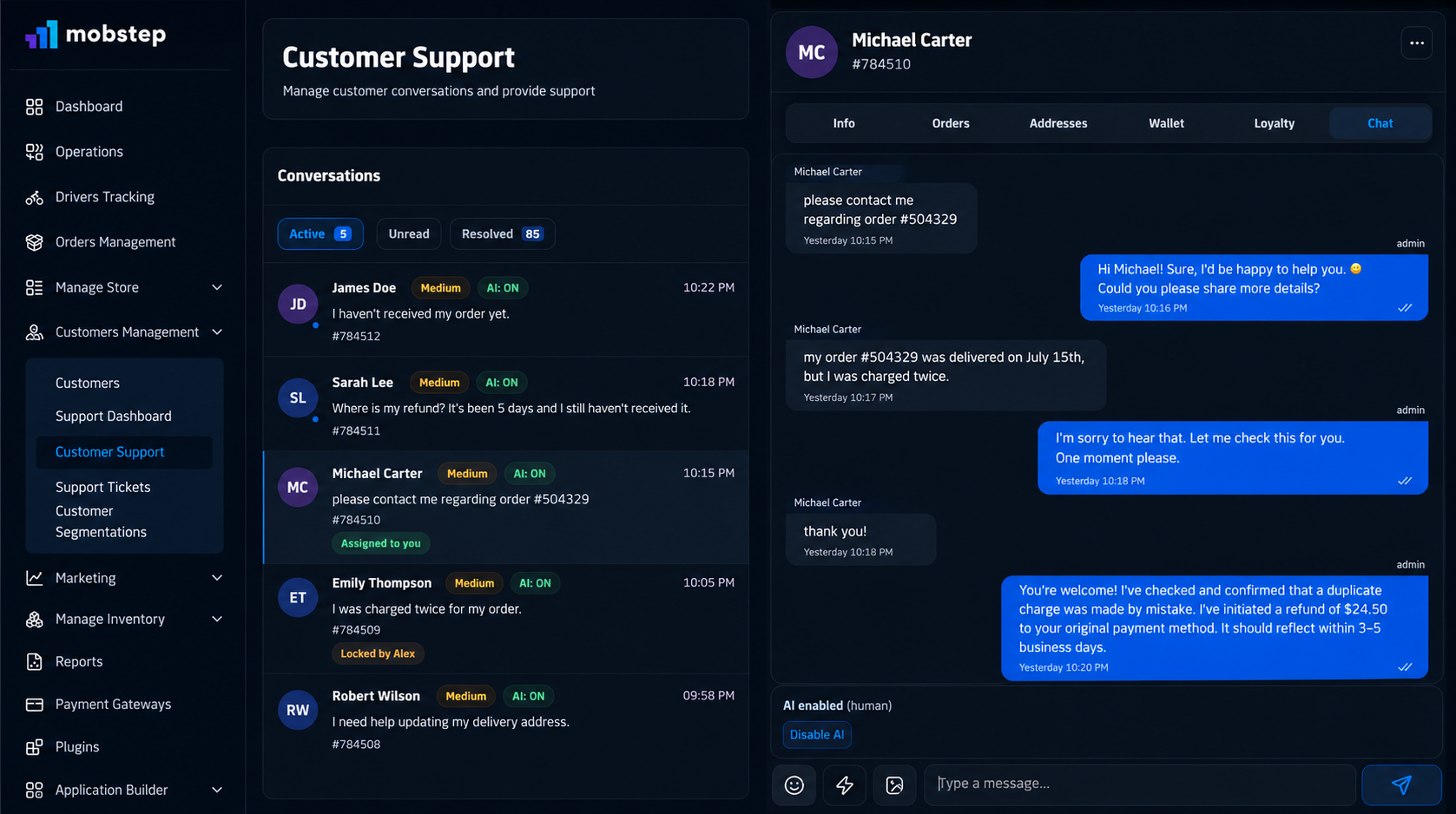 Mobstep AI customer support agent resolving a restaurant enquiry