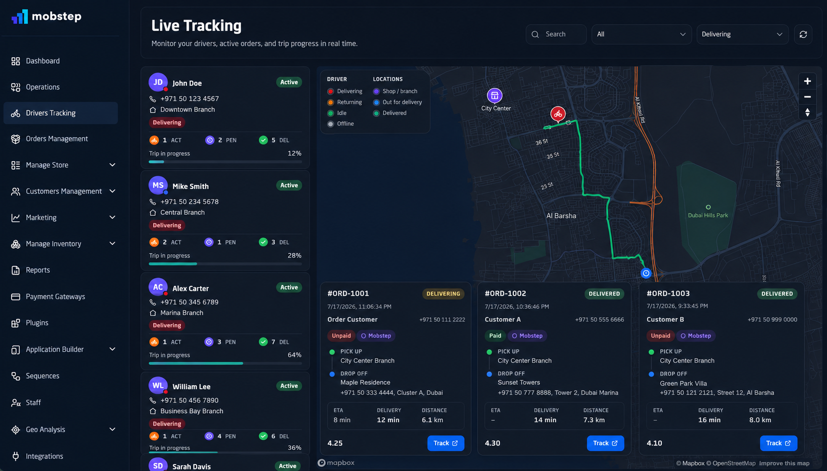 Mobstep driver tracking and dispatch on a live map