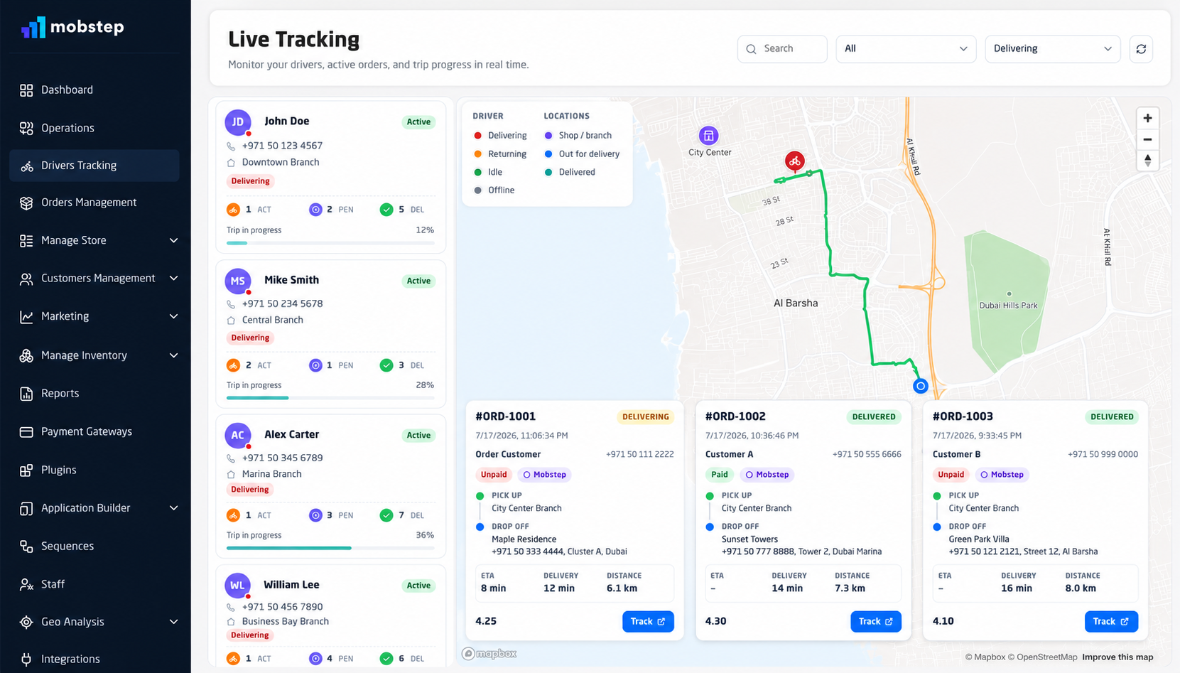 Mobstep driver tracking and dispatch on a live map